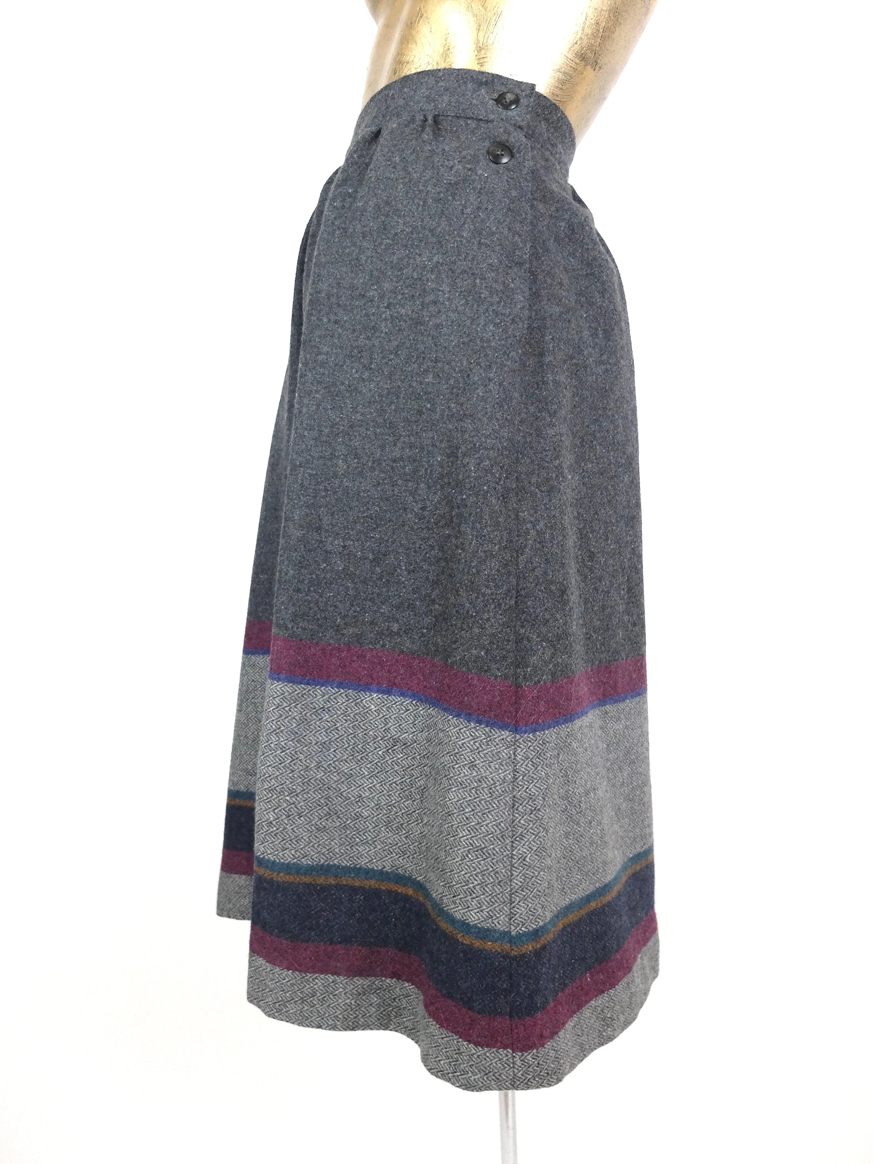 1980s does 50s Mod Wool High Waisted Fit and Flare Below-the-Knee Circle Midi Skirt