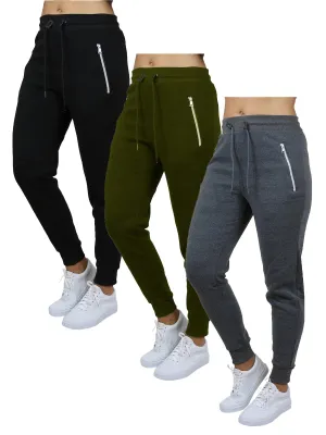 [3-Pack] Women's Loose-Fit Fleece Jogger Sweatpants with Zipper Pockets