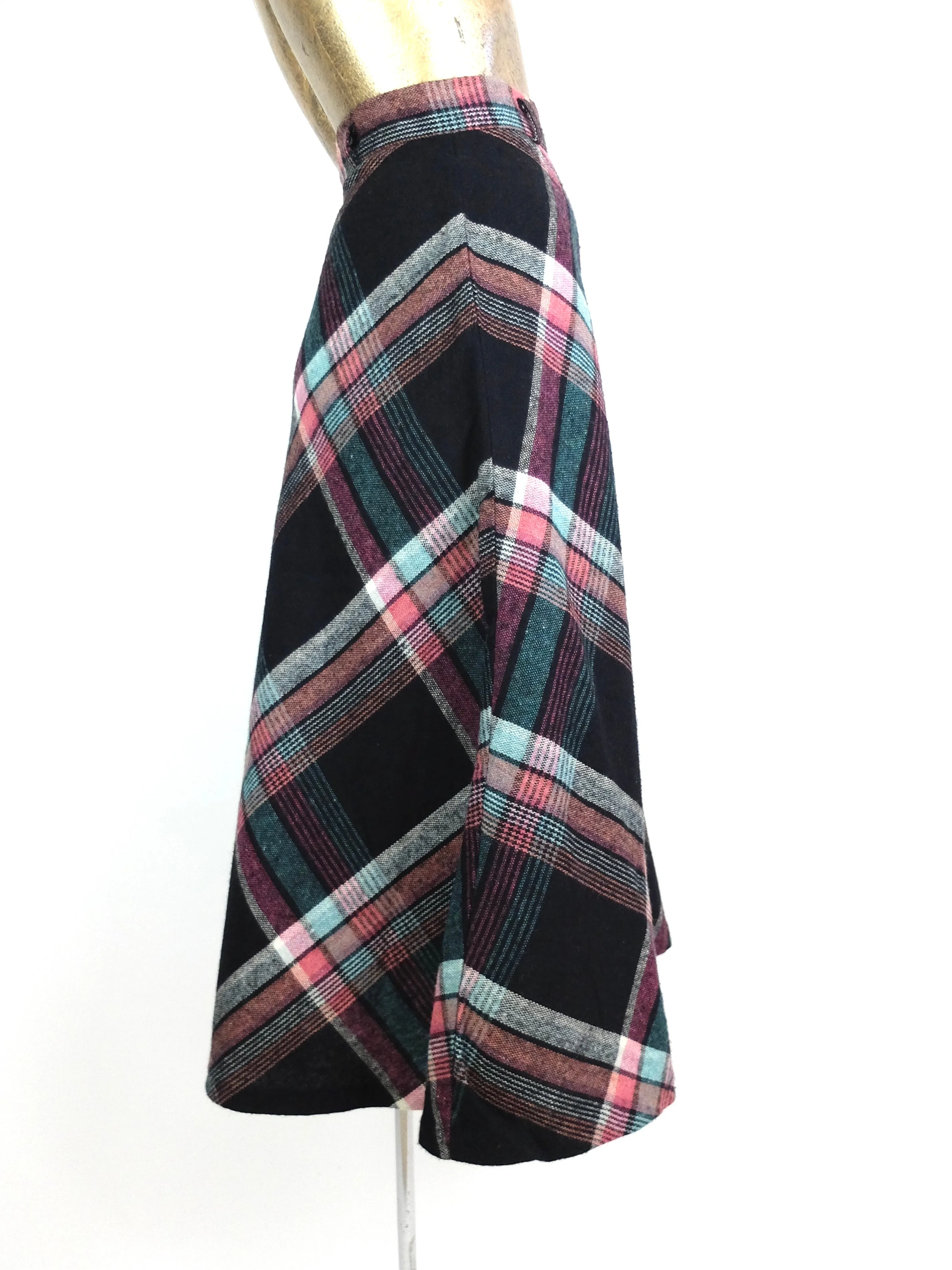 50s Mod Black and Pink Wool Tartan Argyle Check Print High Waisted Full Circle Midi Skirt