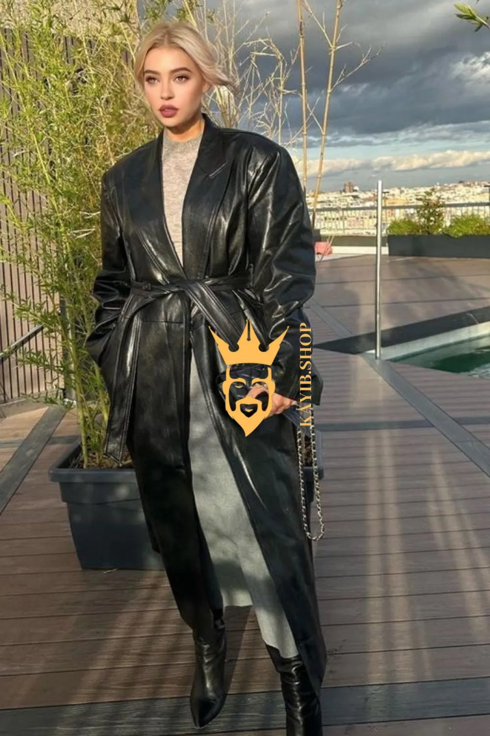 Autumn Elegance: Extra Long Oversized Black Faux Leather Trench Coat for Women - Trendsetting Fashion with Double-Breasted Style, Long Sleeves, and Cinch Belt