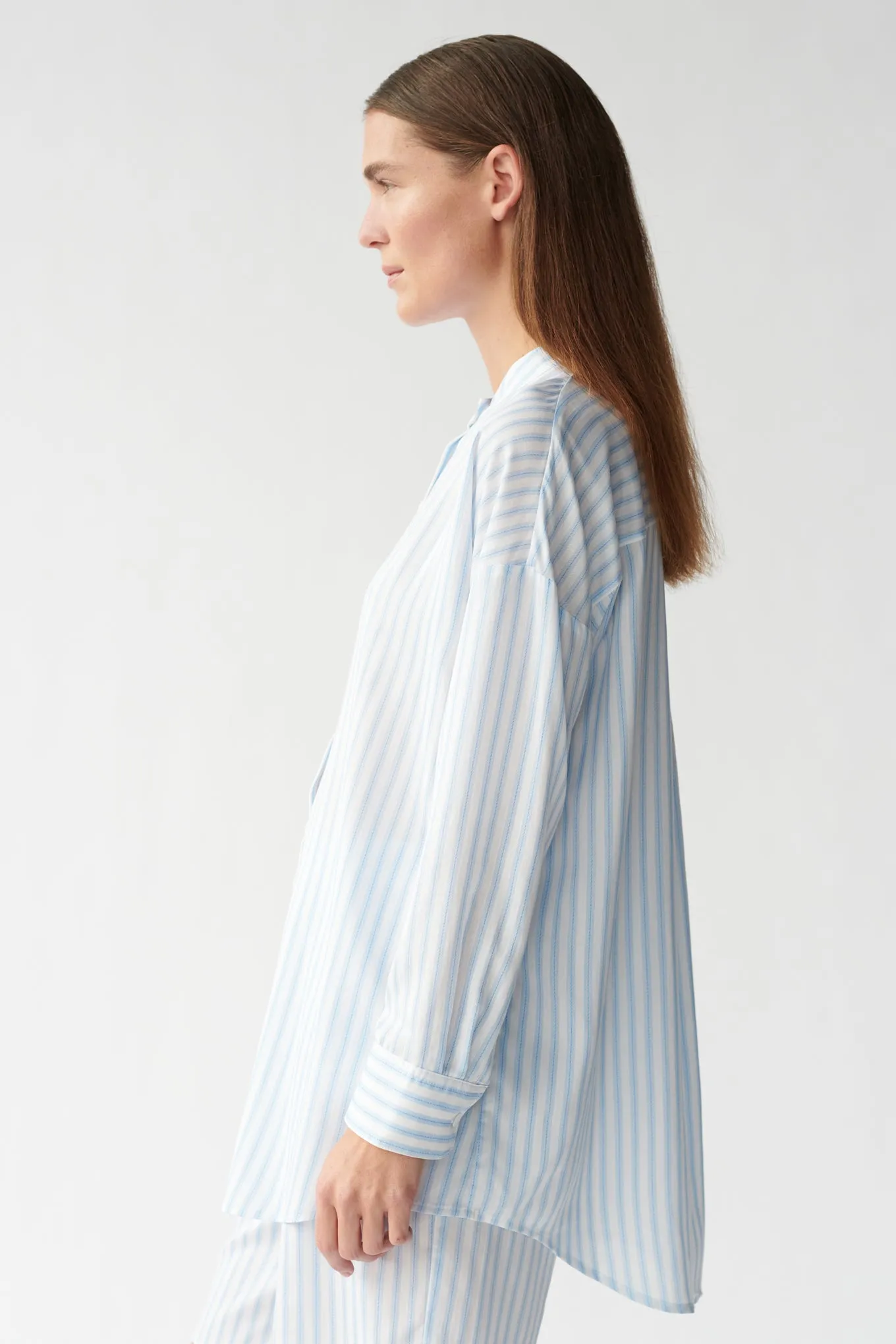 BETSY SHIRT - BLUE WOVEN STRIPE - RECYCLED SILK/TENCEL