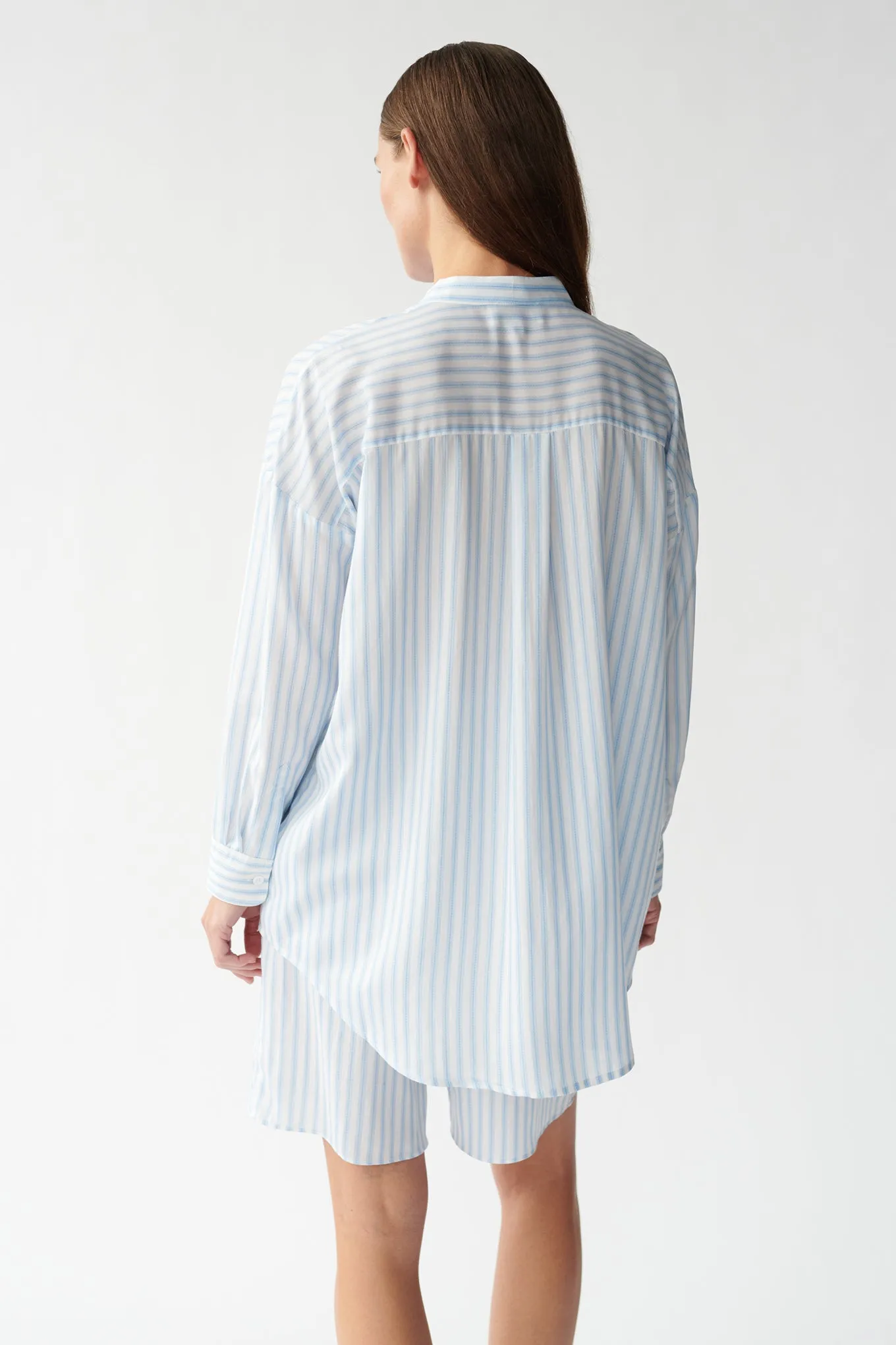 BETSY SHIRT - BLUE WOVEN STRIPE - RECYCLED SILK/TENCEL