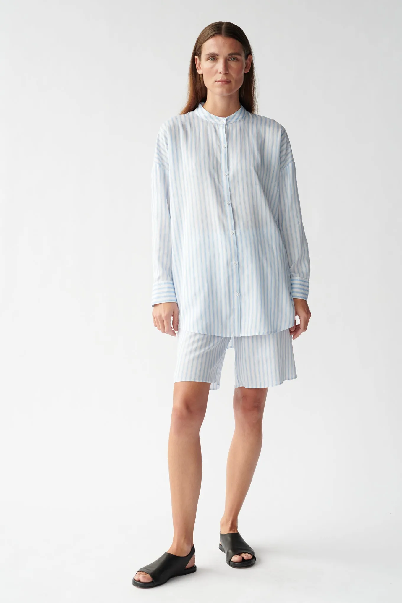 BETSY SHIRT - BLUE WOVEN STRIPE - RECYCLED SILK/TENCEL