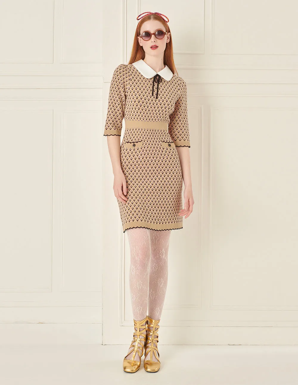 BORA AKSU Peter Pan Collar Jacquard Khaki Dress