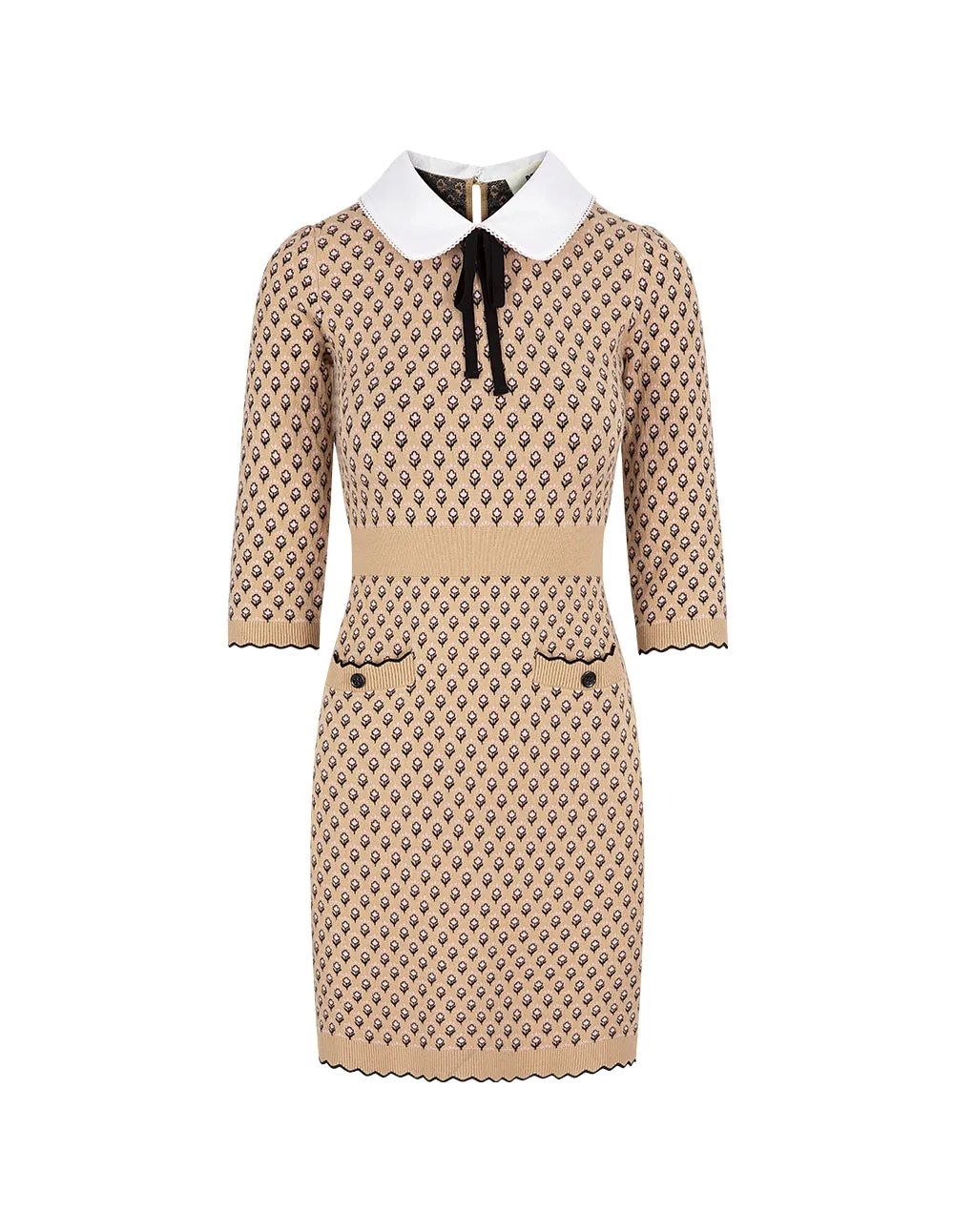 BORA AKSU Peter Pan Collar Jacquard Khaki Dress