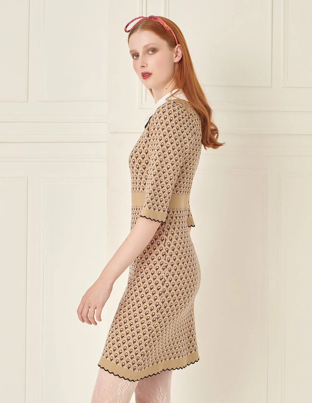 BORA AKSU Peter Pan Collar Jacquard Khaki Dress