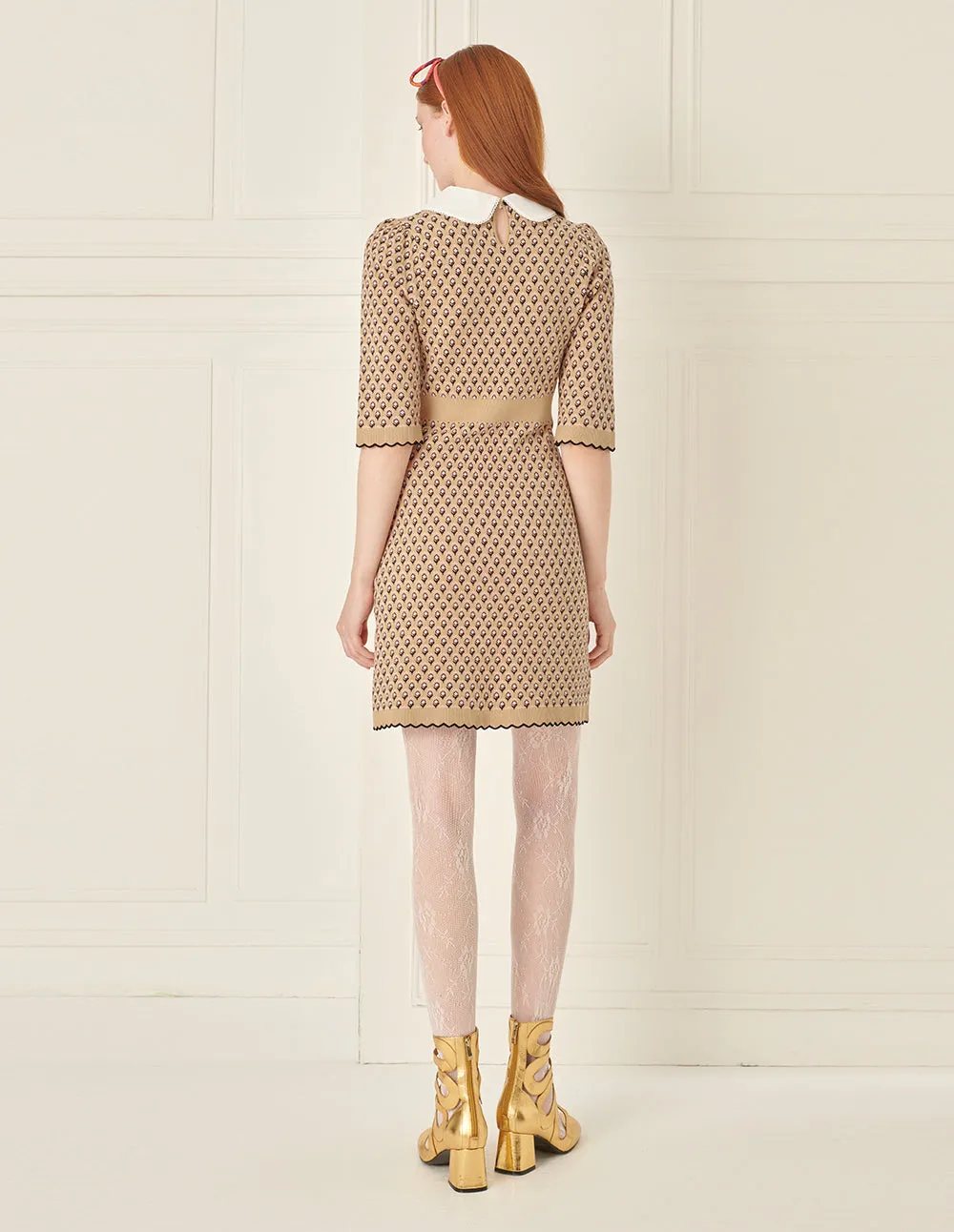 BORA AKSU Peter Pan Collar Jacquard Khaki Dress