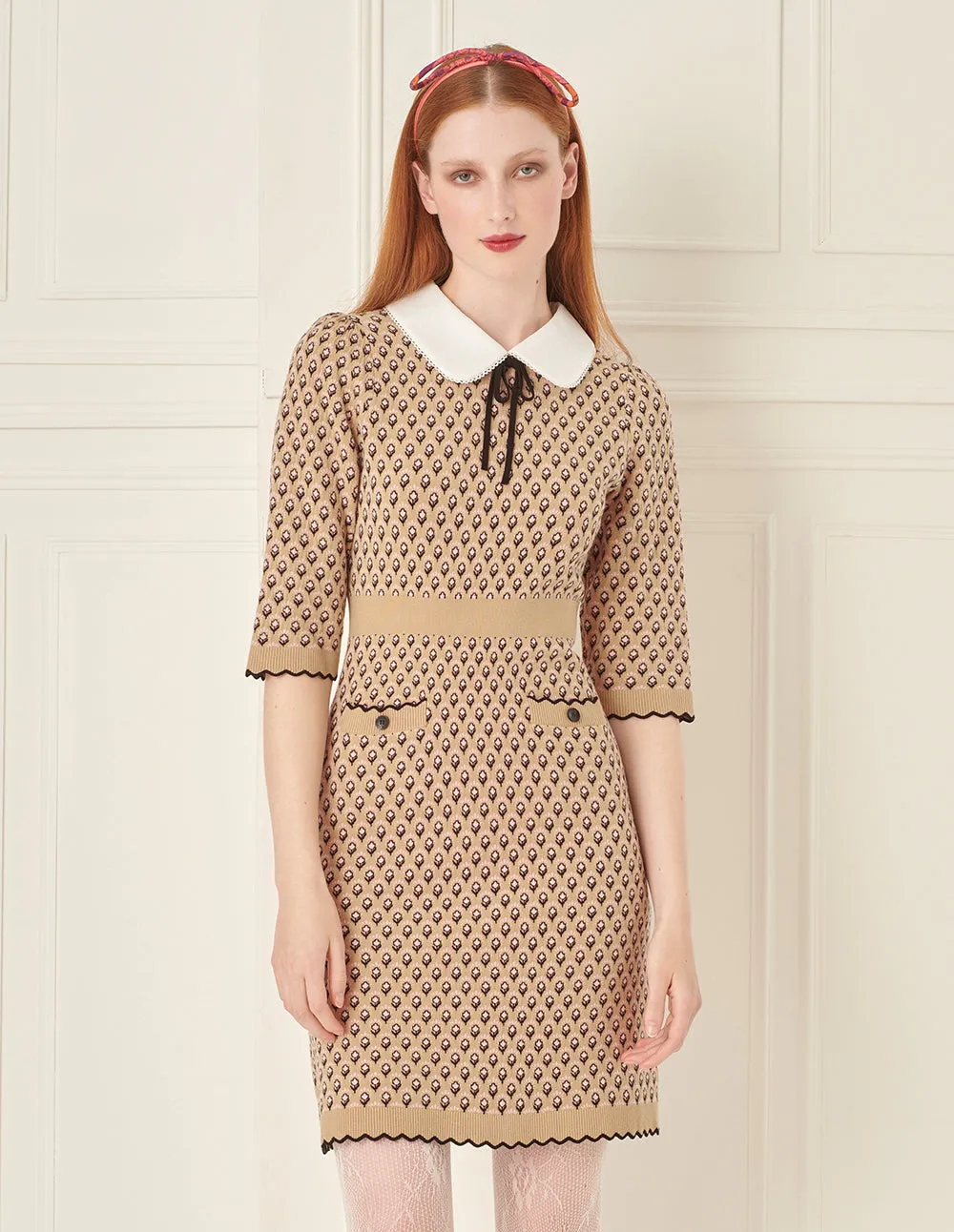 BORA AKSU Peter Pan Collar Jacquard Khaki Dress