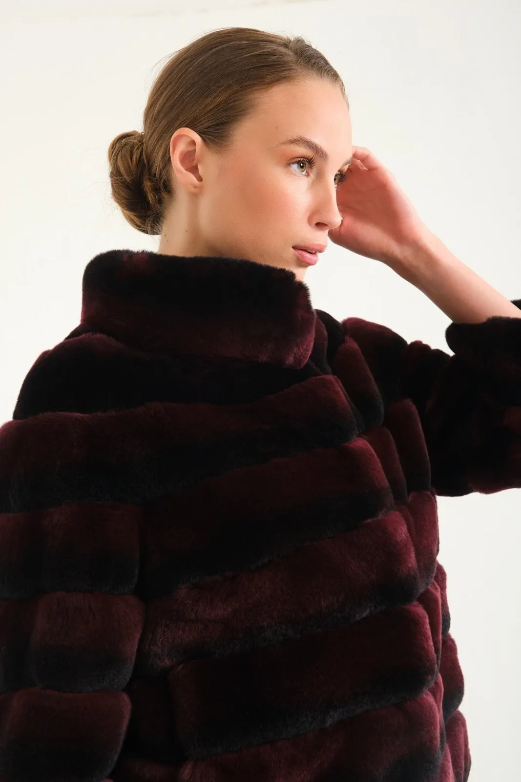 Burgundy Chinchilla Pattern Rex Fur Coat