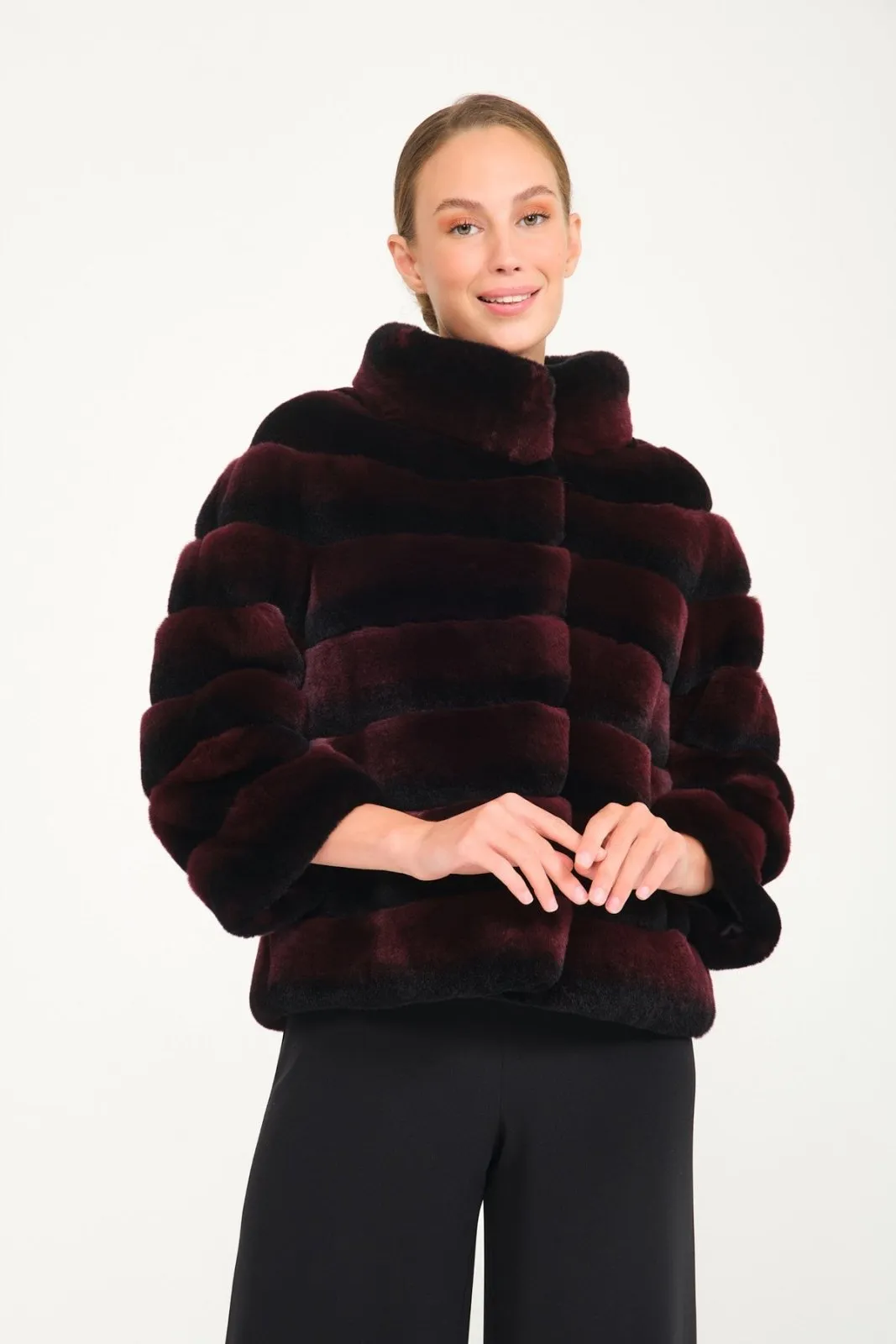 Burgundy Chinchilla Pattern Rex Fur Coat