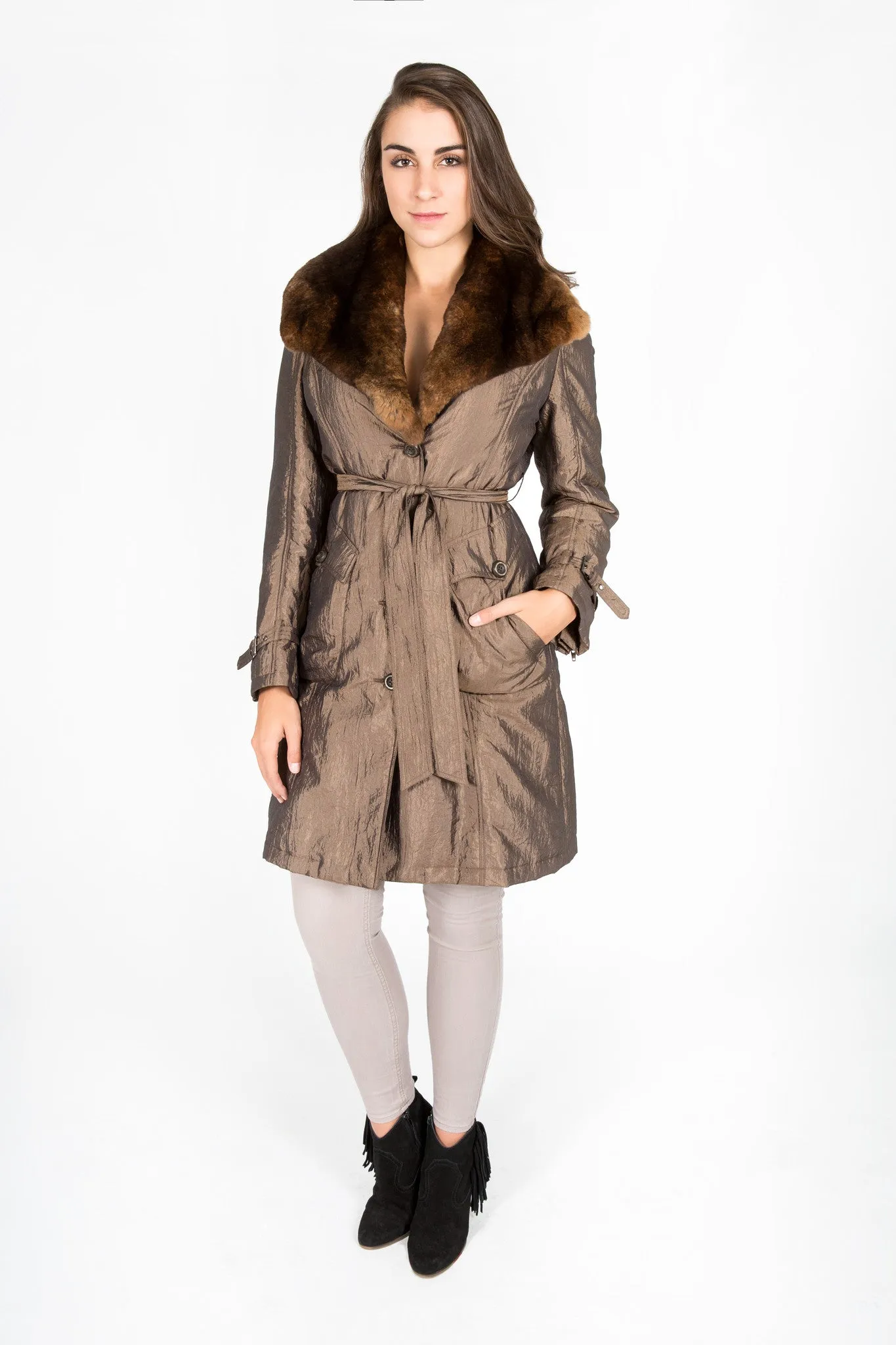 Chinchilla Rex Fur & Taffeta Trench Coat (with removable sheared rabbit lining)