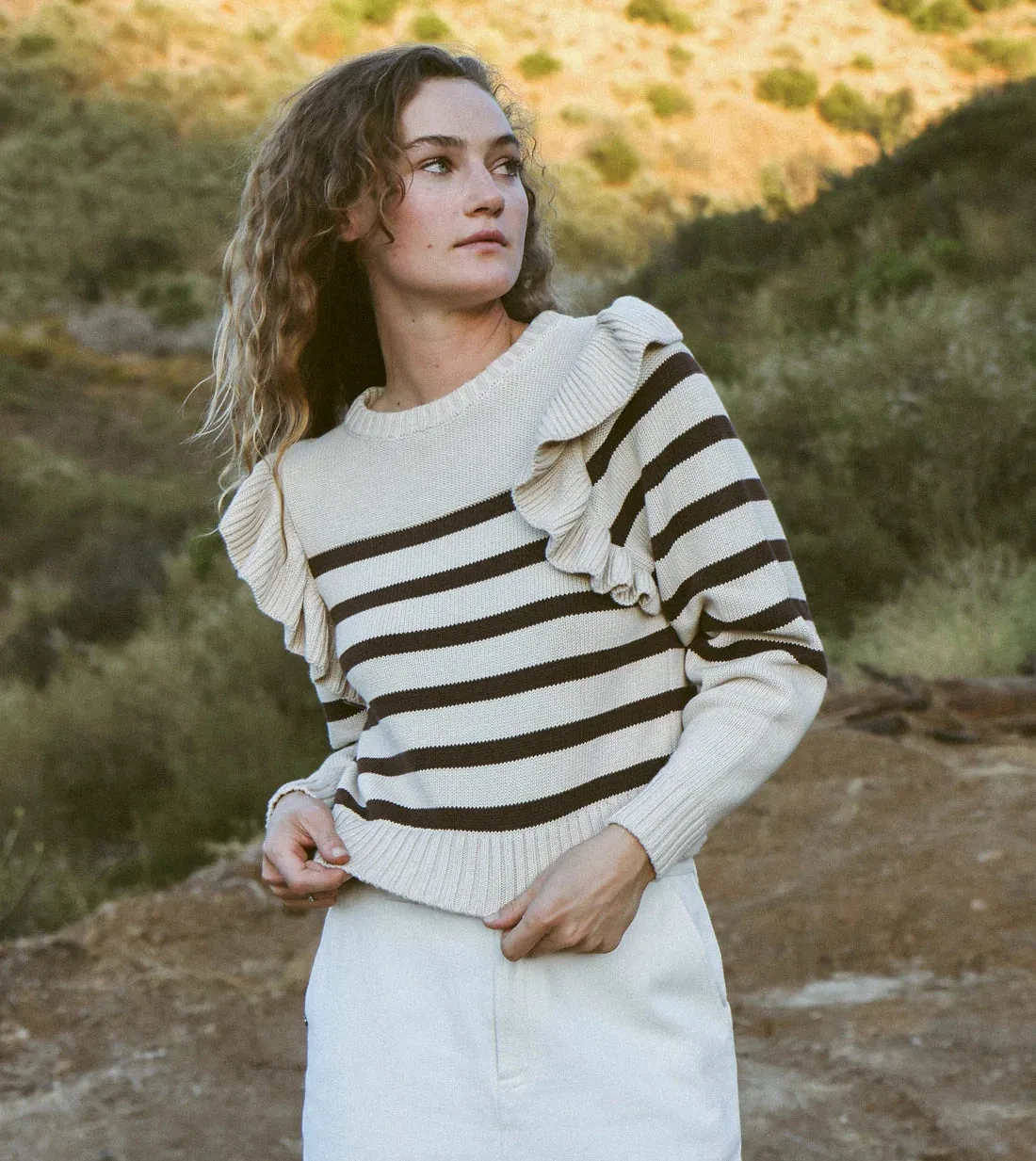 CLE Blair Ruffle Stripe Sweater in Cream & Brown