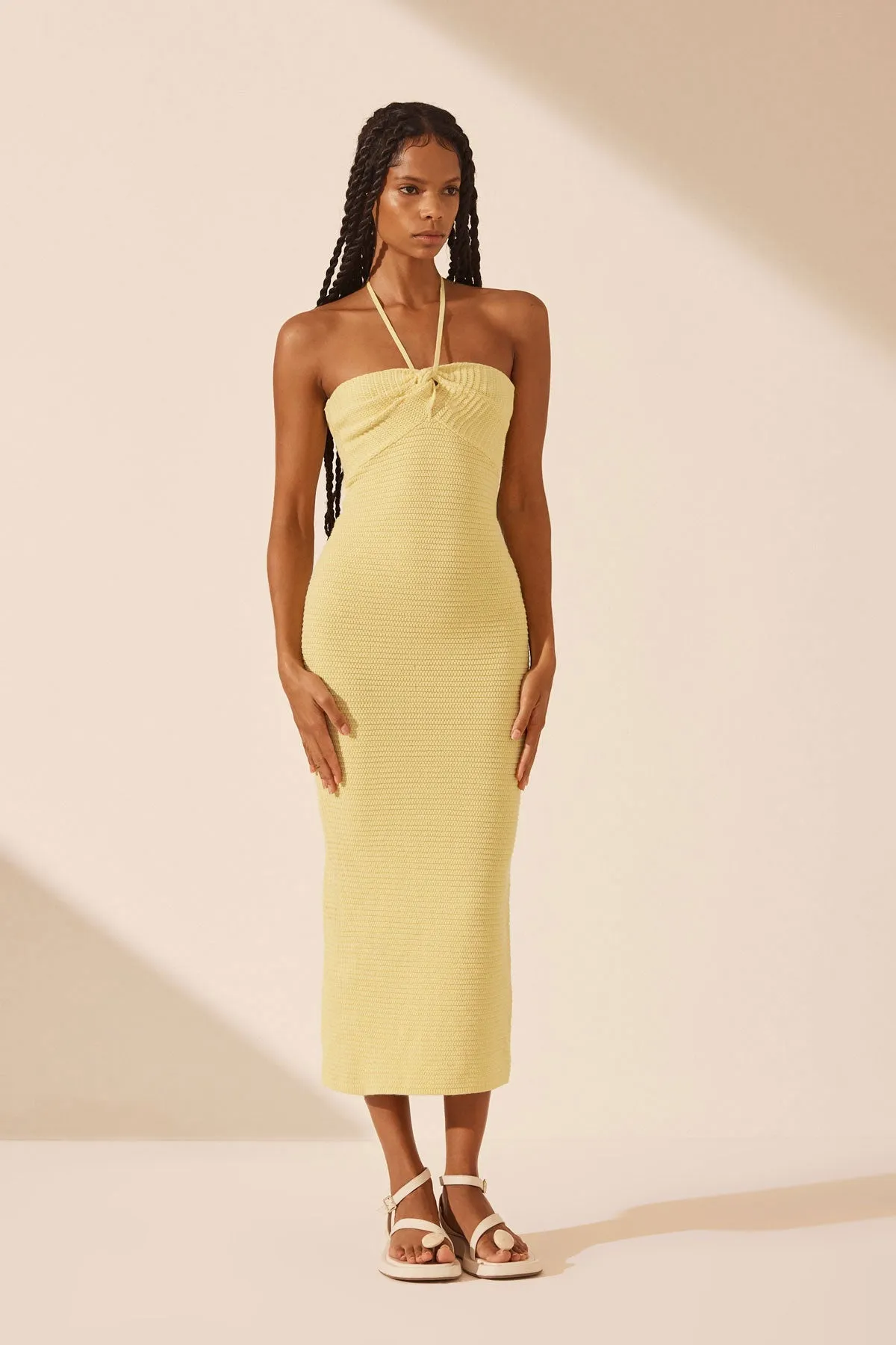 EVE TWIST FRONT HALTER MIDI DRESS - LEMON