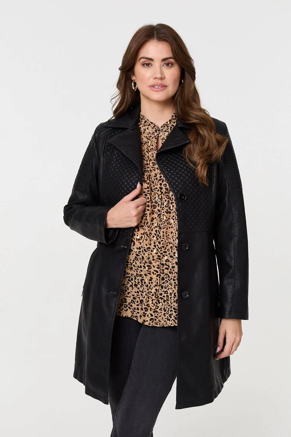 Faux Leather Relaxed Thigh Length Jacket