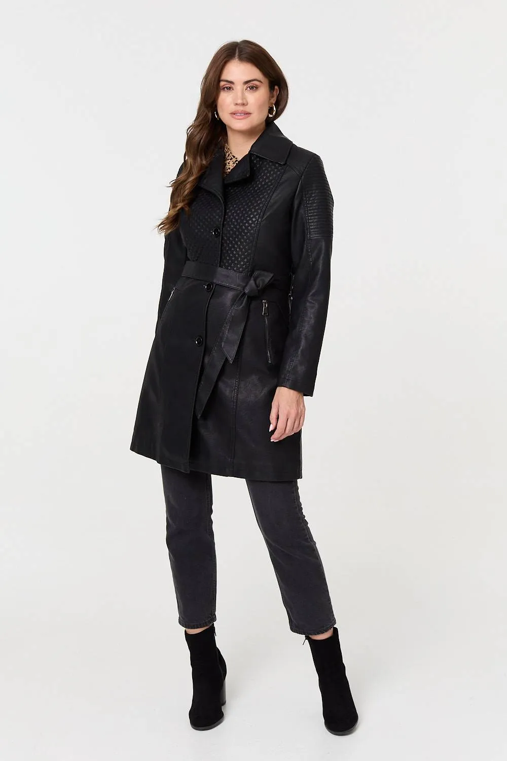 Faux Leather Relaxed Thigh Length Jacket