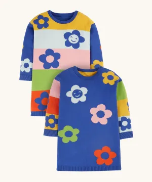 Frugi Zola Reversible Knitted Dress - Blue Tang/Retro Floral