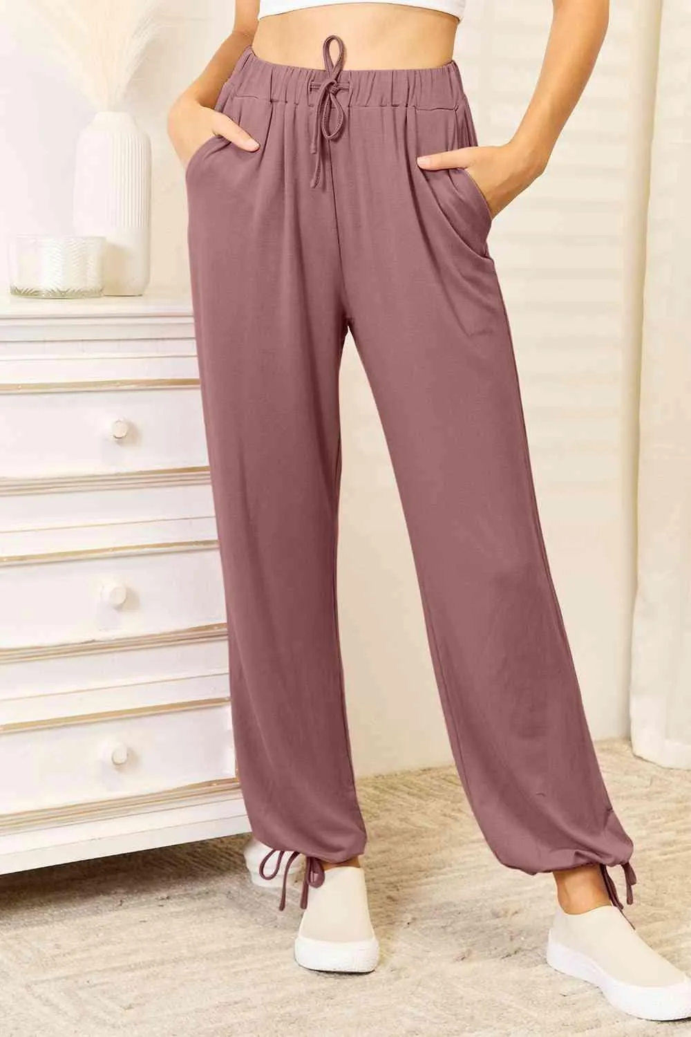 Full Size Soft Rayon Drawstring Pants with Pockets