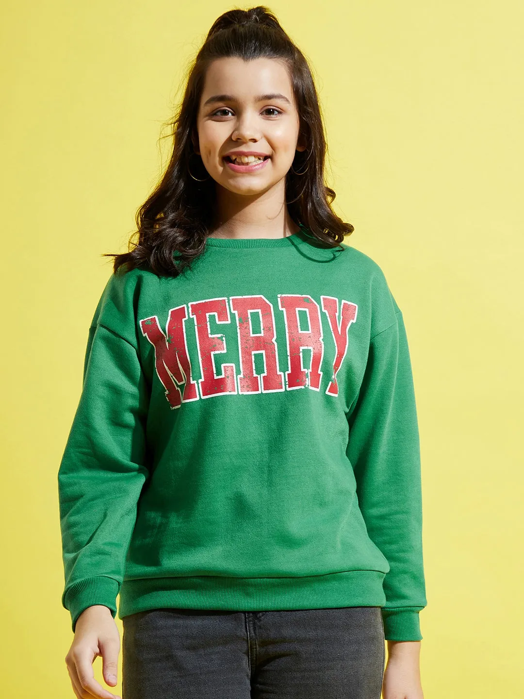 Girls Green Fleece Merry Oversize Sweatshirt