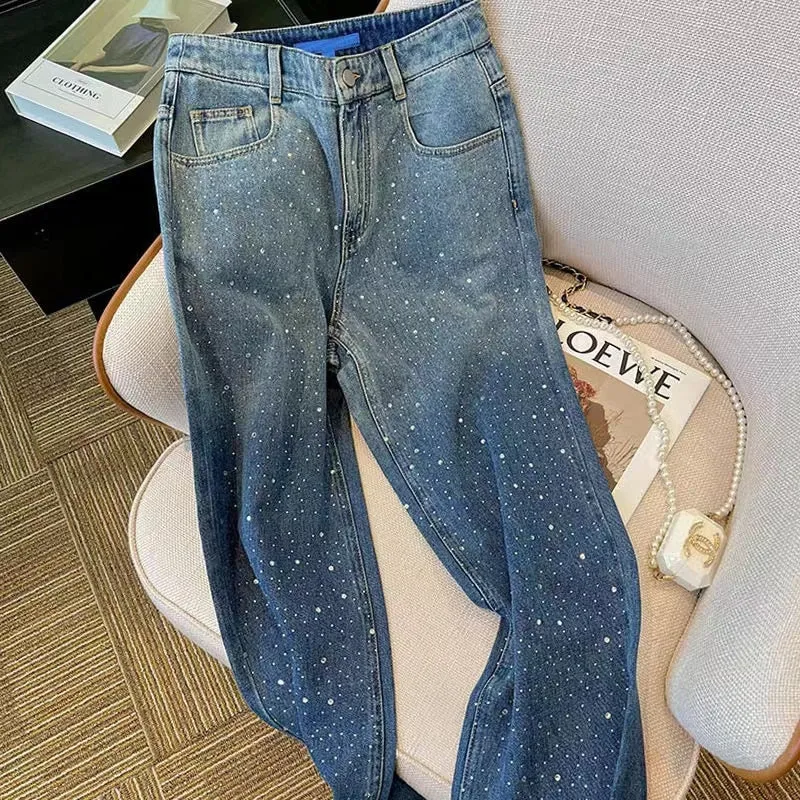 Gradient Rhinestone Studded Straight Jeans