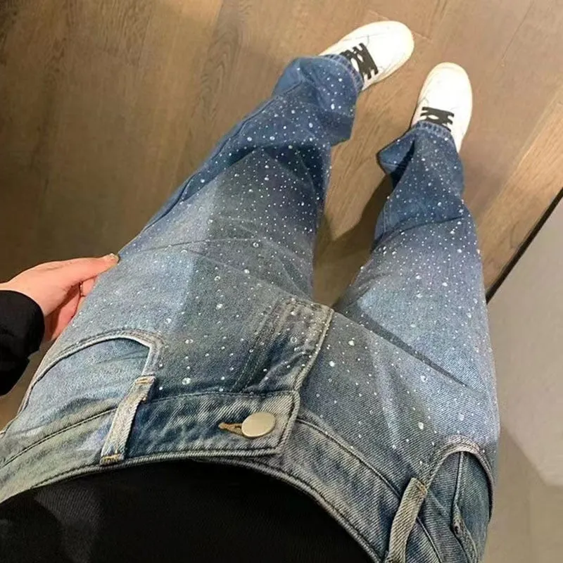 Gradient Rhinestone Studded Straight Jeans