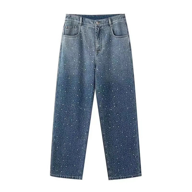 Gradient Rhinestone Studded Straight Jeans