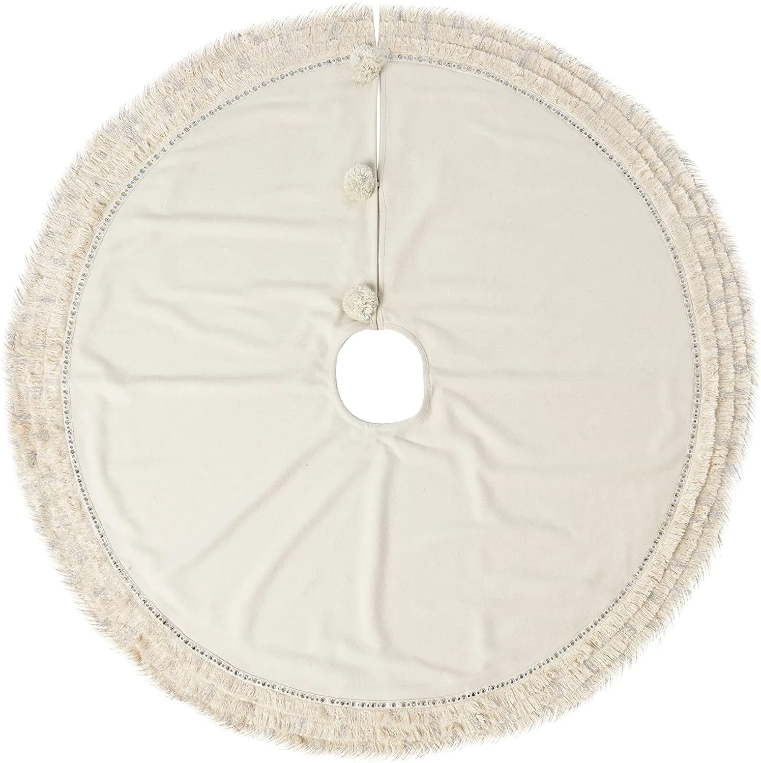 Handmade Christmas Tree Skirt in Recycled Wool - Cream with Fringe Border - 60"