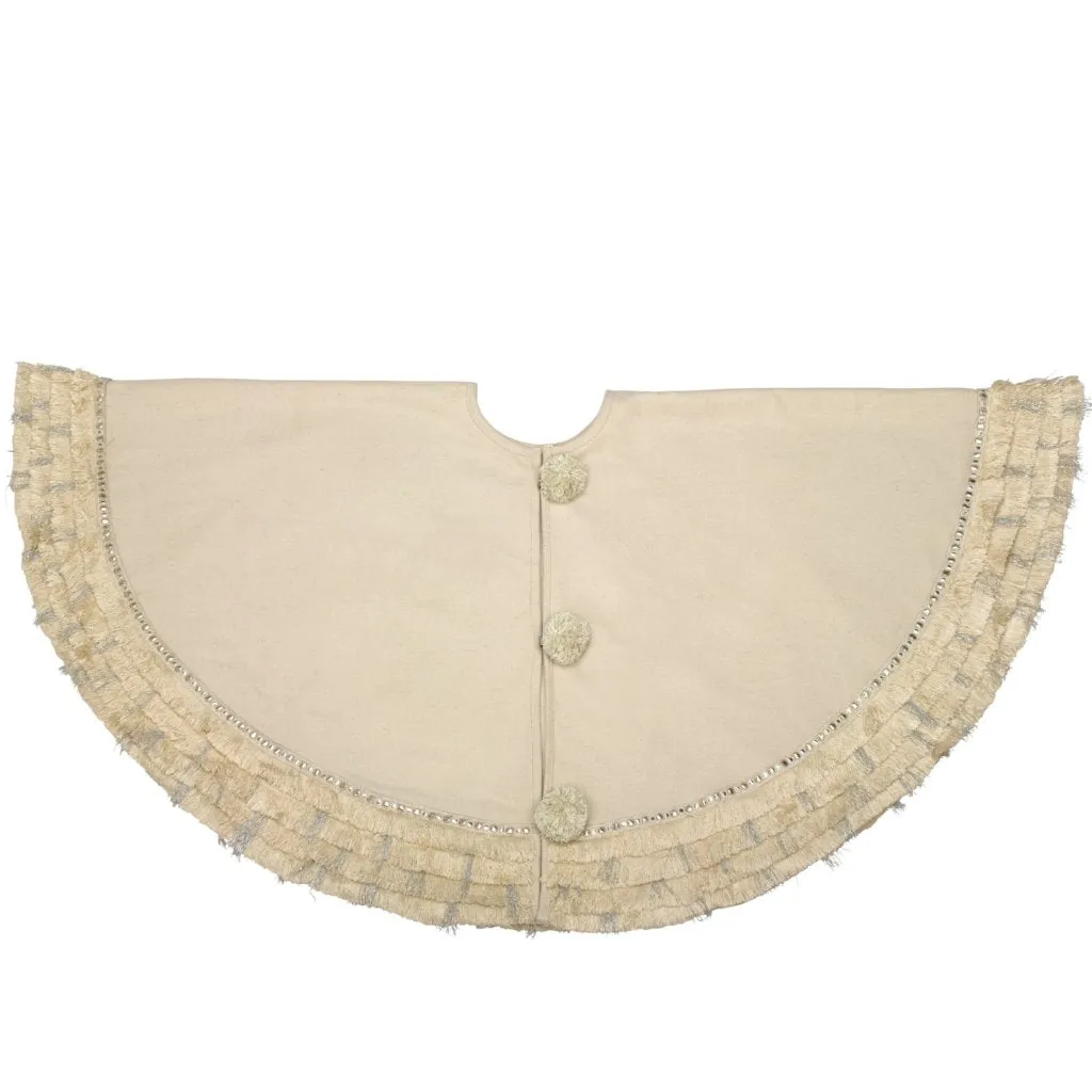 Handmade Christmas Tree Skirt in Recycled Wool - Cream with Fringe Border - 60"