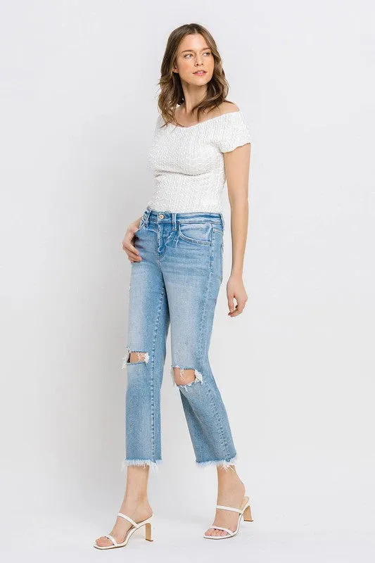 High Rise Frayed Hem Crop Straight Jeans