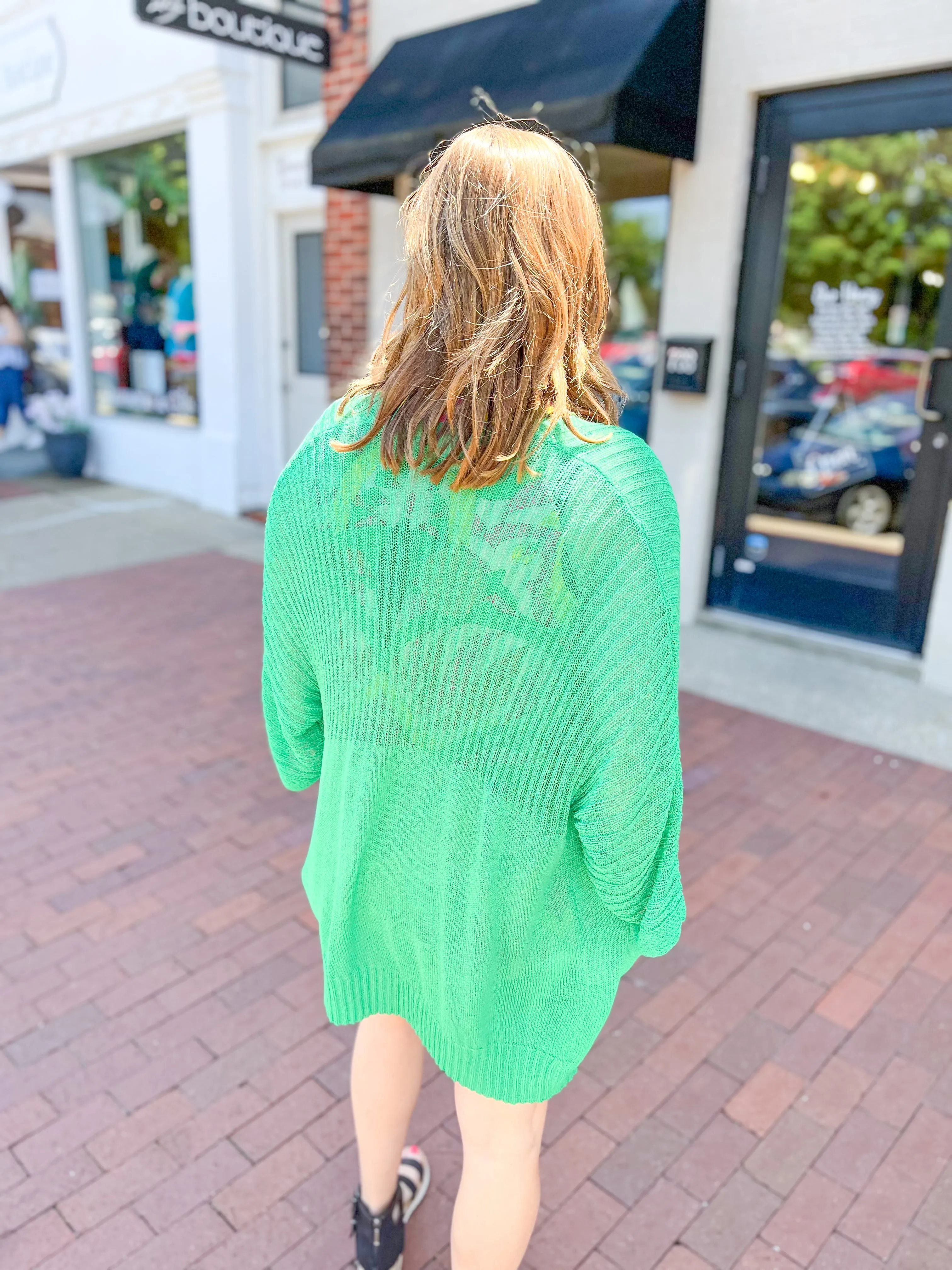 Kelly Green Front Pocket Open Knit Cardigan