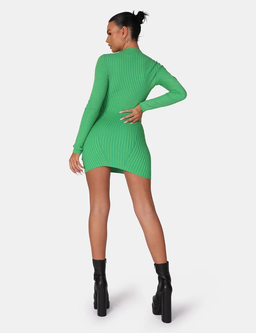 Knitted High Neck Long Sleeve Contrast Stitch Mini Dress Green