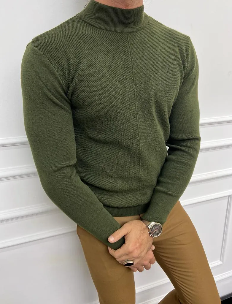 Leon Slim Fit Half Turtleneck Khaki Sweater