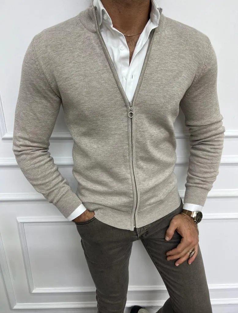 Leon Slim Fit Thin Zippered Beige Cardigan Sweater