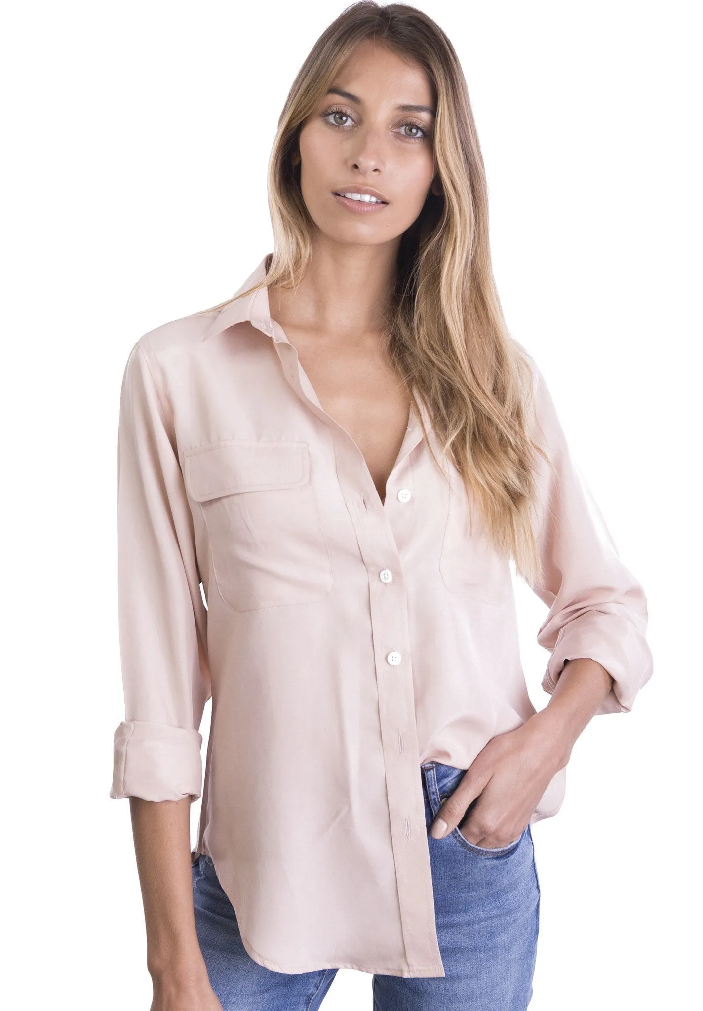 Lete-Silk Blush Pink Classic Fit Sand Washed Silk Shirt