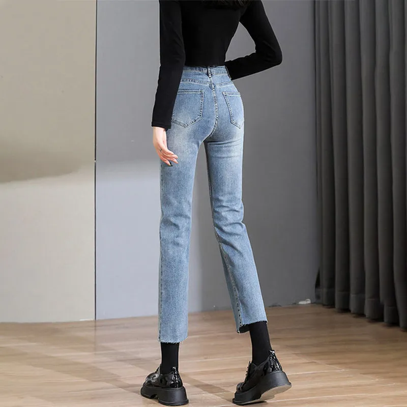 Light Blue Trendy Ankle Length Straight Cut Jeans