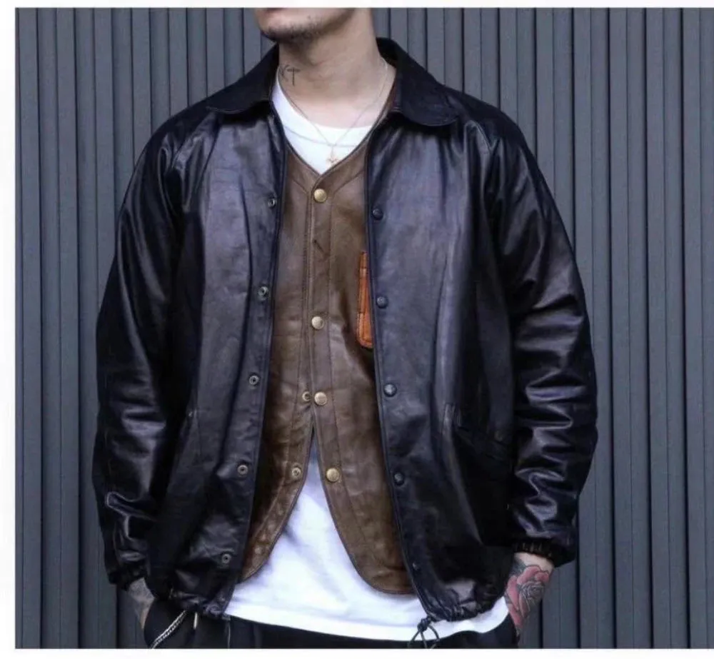 Men's Cow Leather Coach Jacket Loose Fit Japan Safari Coat