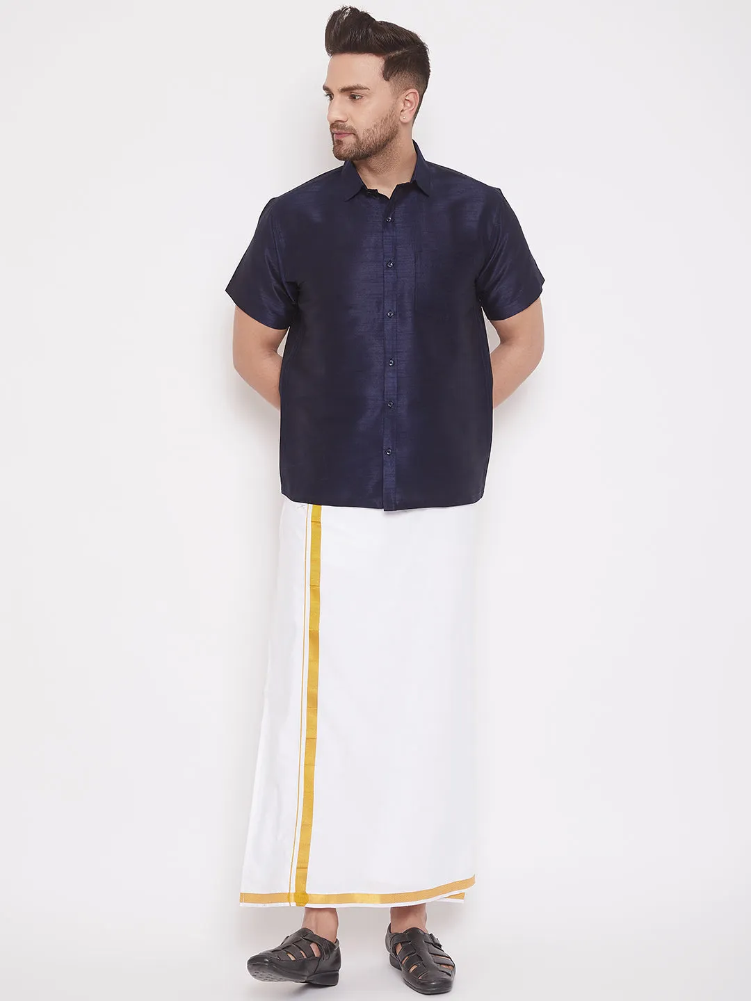 Men's Navy Blue Silk Blend Ethnic Shirt - Vastramay