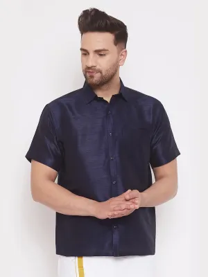 Men's Navy Blue Silk Blend Ethnic Shirt - Vastramay