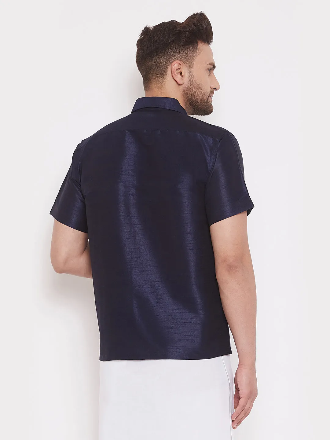 Men's Navy Blue Silk Blend Ethnic Shirt - Vastramay