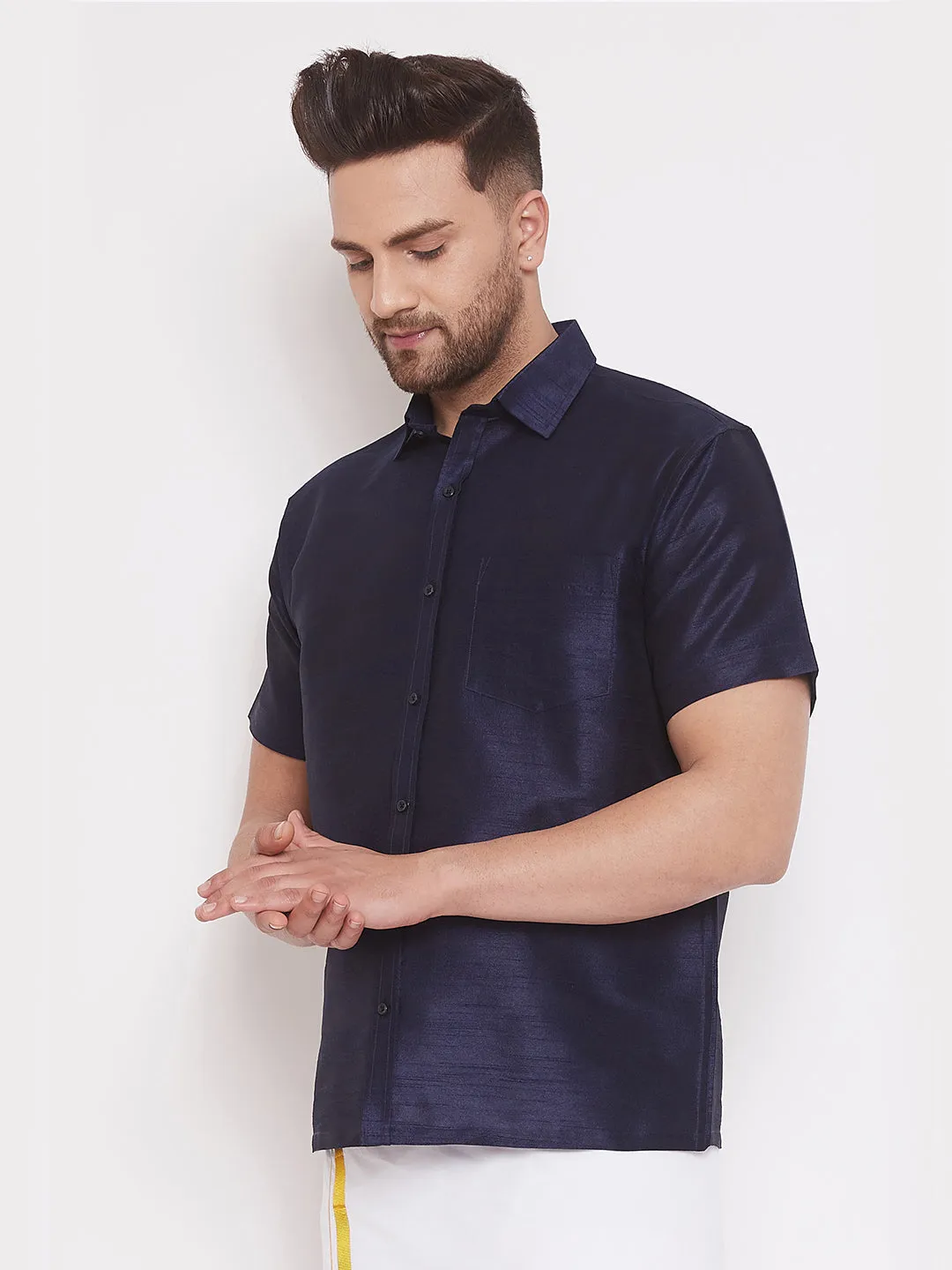 Men's Navy Blue Silk Blend Ethnic Shirt - Vastramay