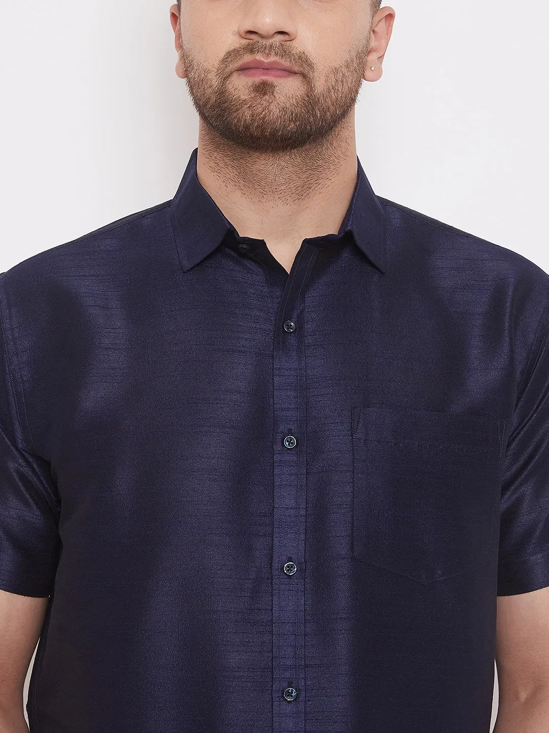 Men's Navy Blue Silk Blend Ethnic Shirt - Vastramay