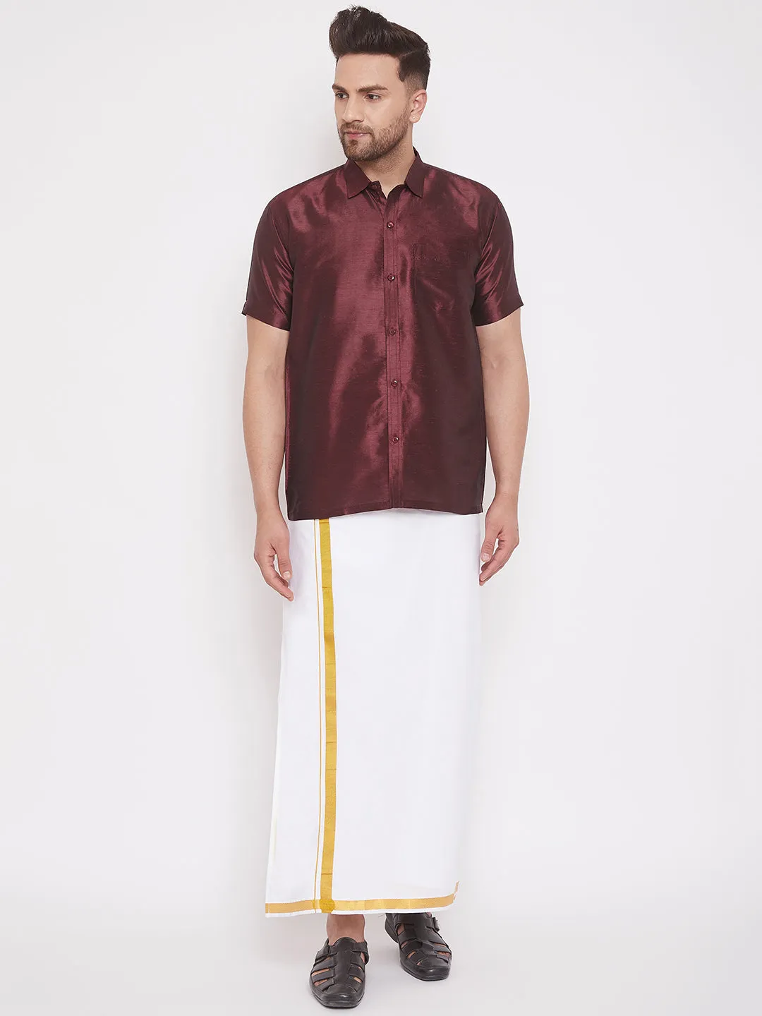 Men's Wine And White Silk Blend Shirt And Mundu - Vastramay