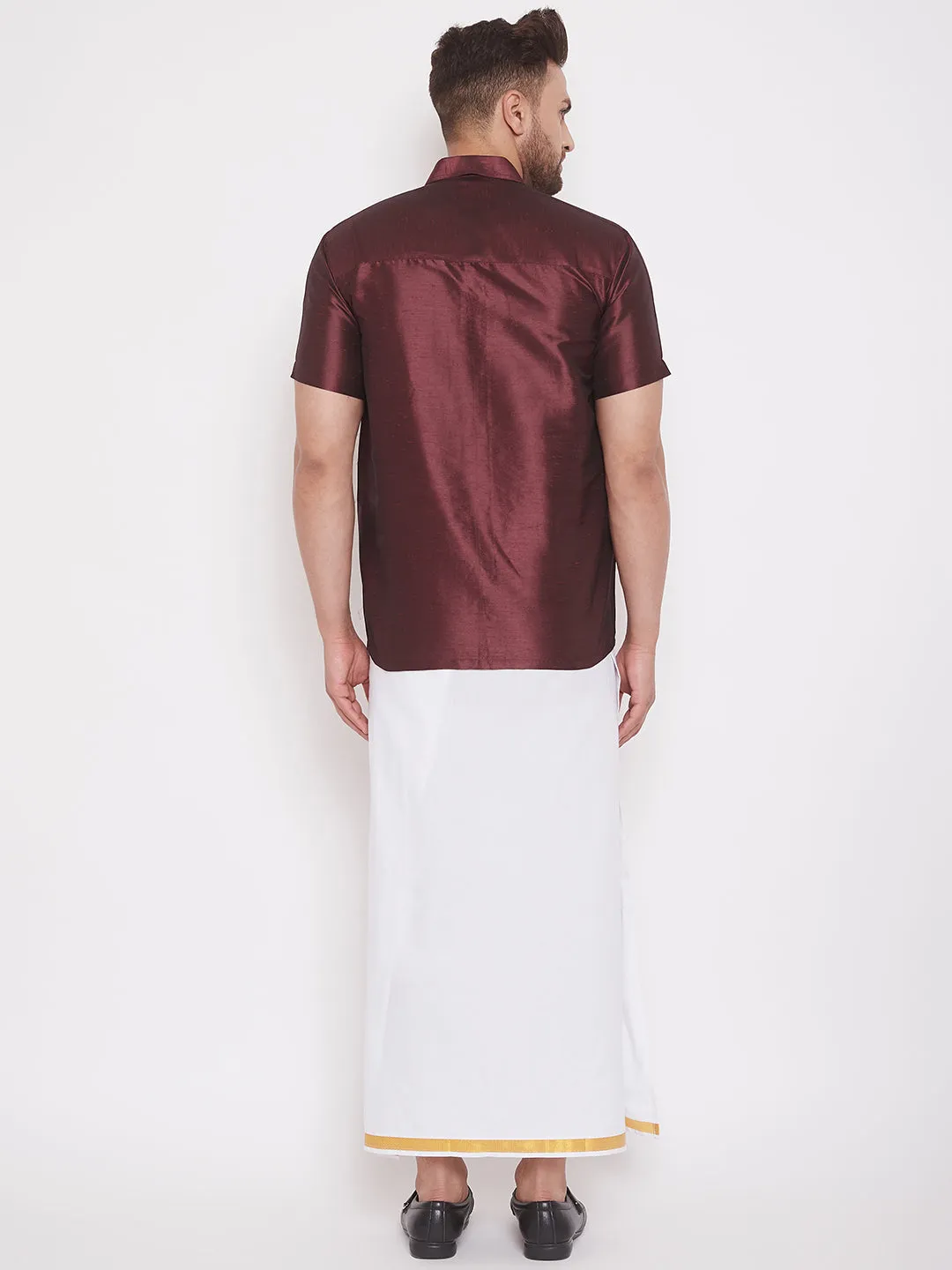 Men's Wine And White Silk Blend Shirt And Mundu - Vastramay