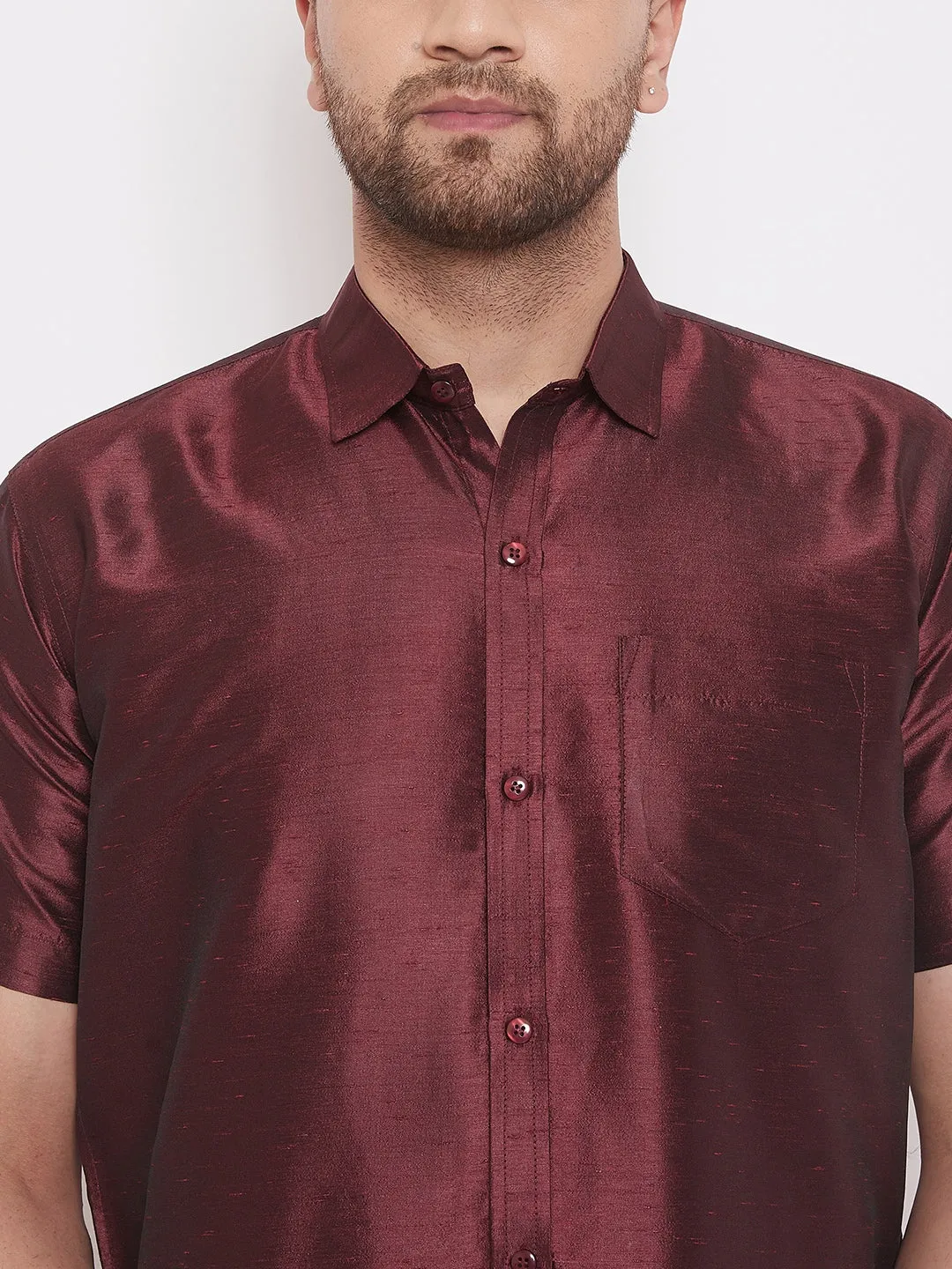 Men's Wine And White Silk Blend Shirt And Mundu - Vastramay