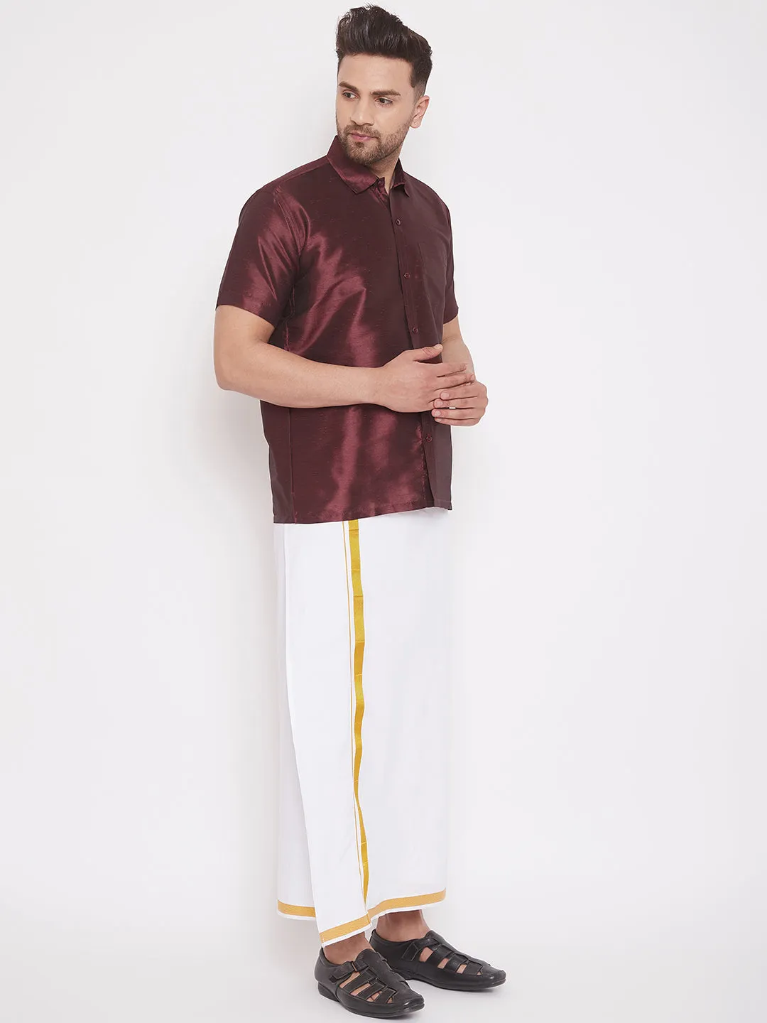 Men's Wine And White Silk Blend Shirt And Mundu - Vastramay