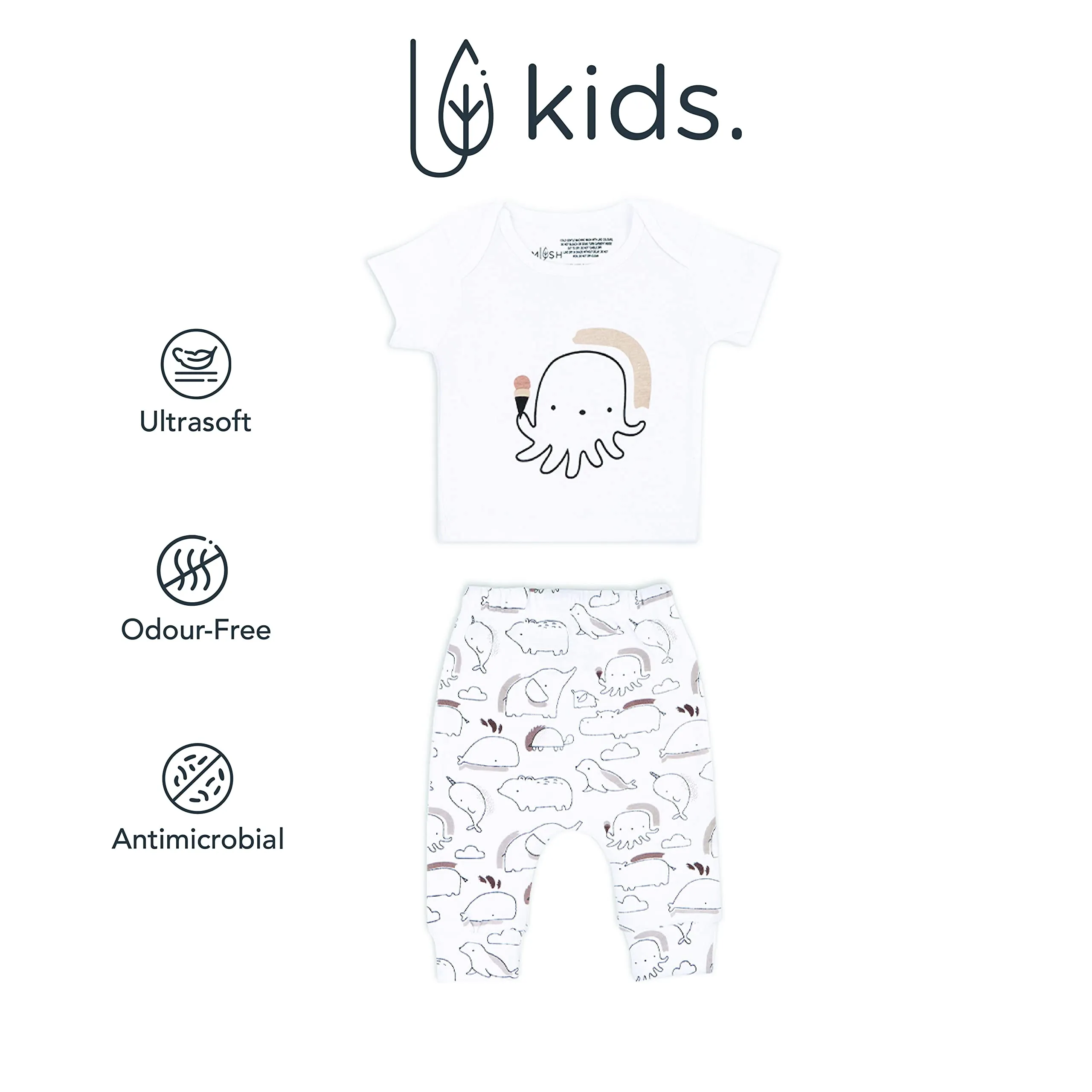 Mush Ultra Soft Bamboo Unisex Tees & Pants Combo Set for New Born Baby/Kids,Pack of 2 (6-12 Months, Marine Life)