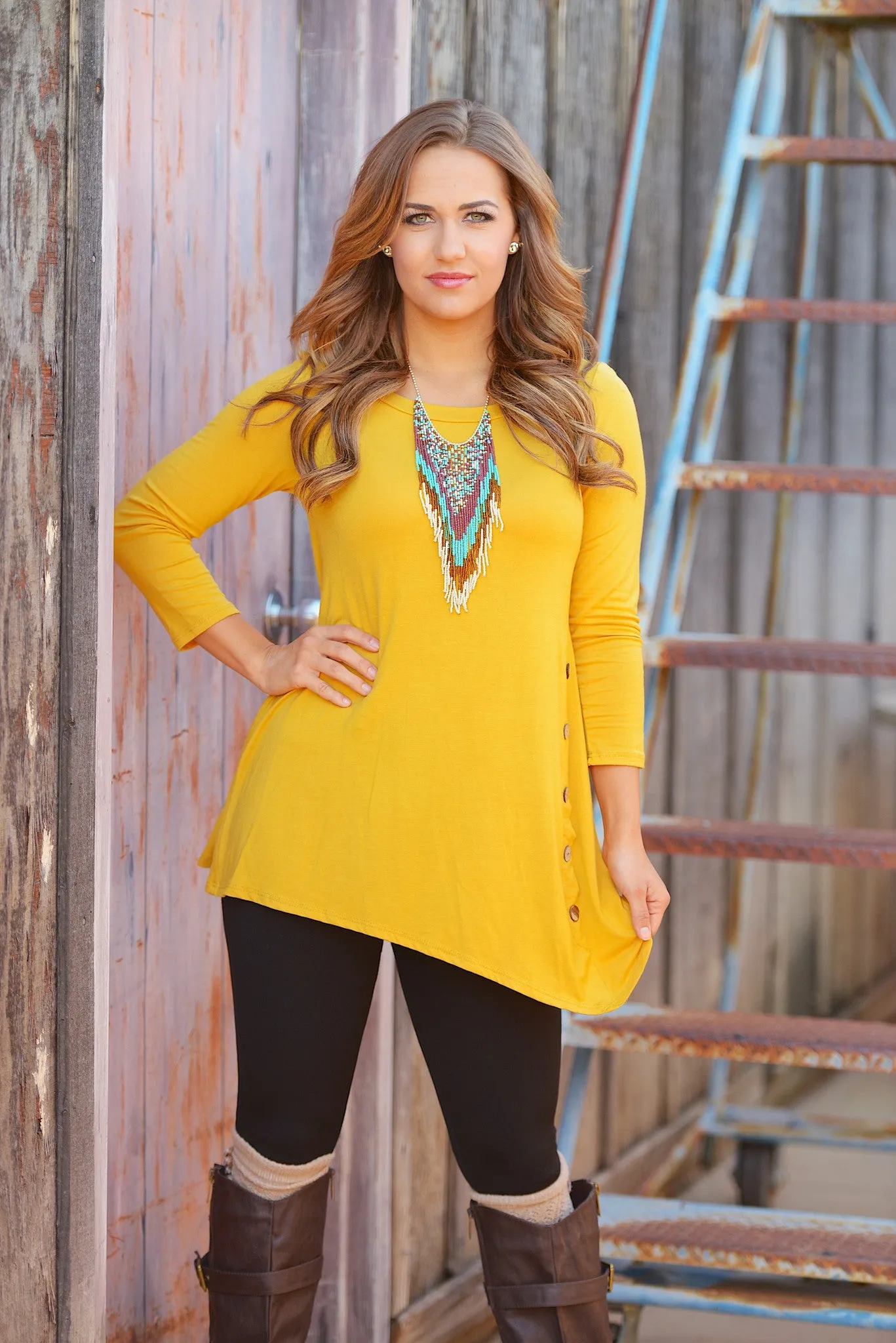 Push My Buttons Tunic - Mustard (Small- 3XL)