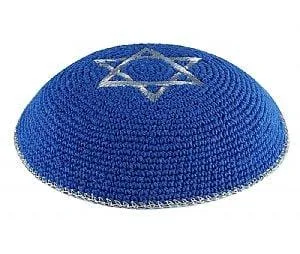 Quality Knitted Kippot - Royal Blue with Silver Star and Rim