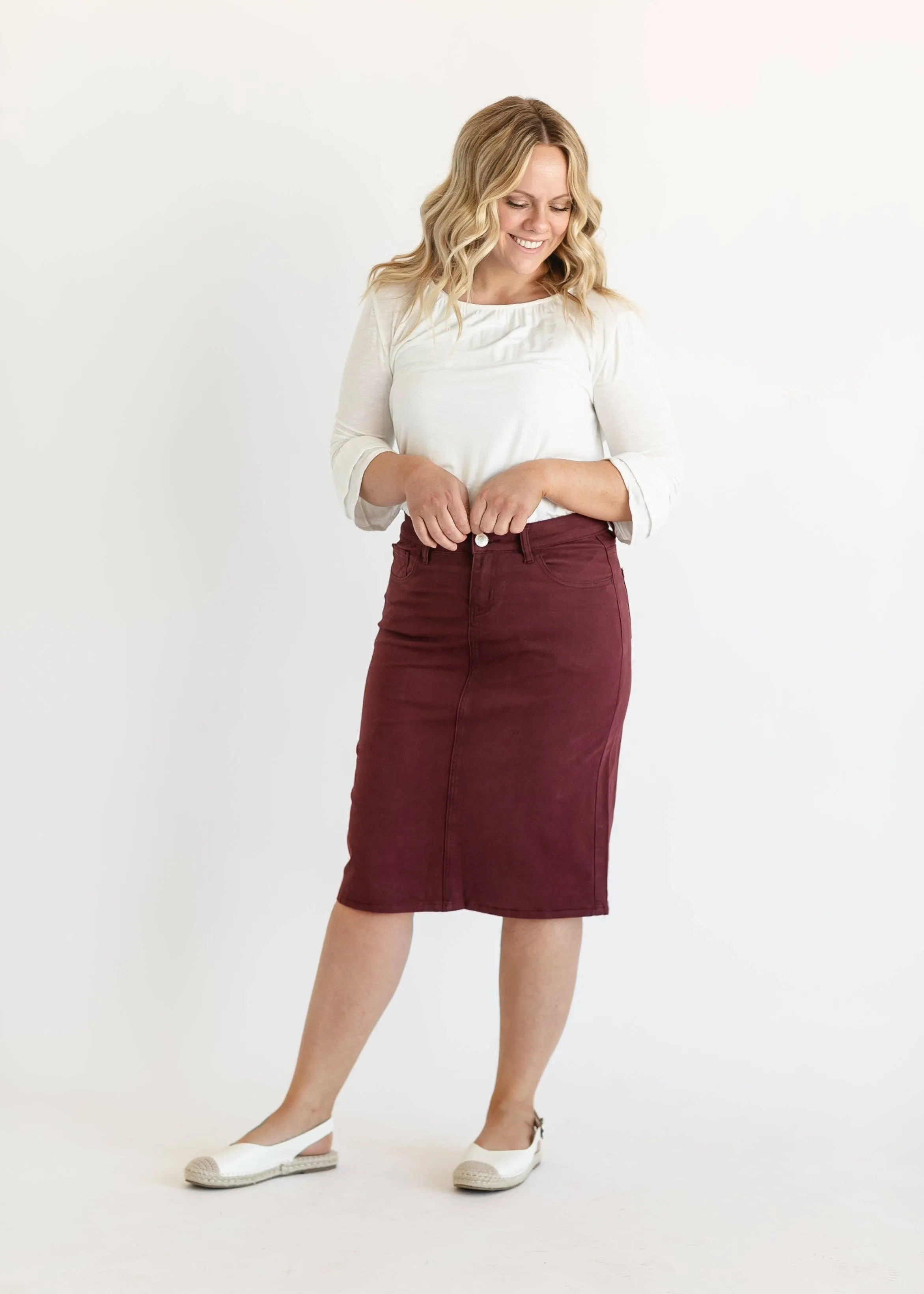 Remi Burgundy Denim Midi Skirt