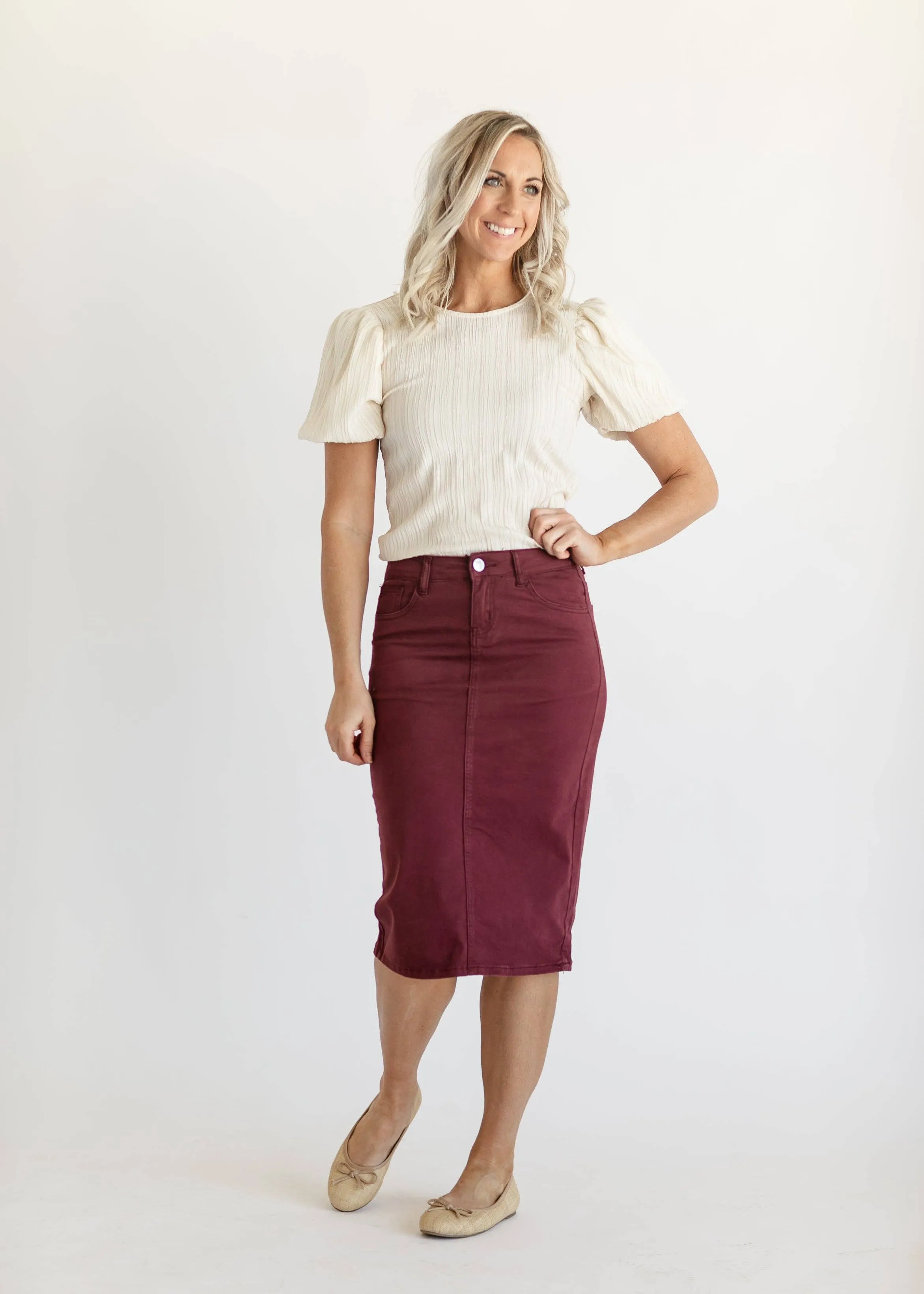 Remi Burgundy Denim Midi Skirt