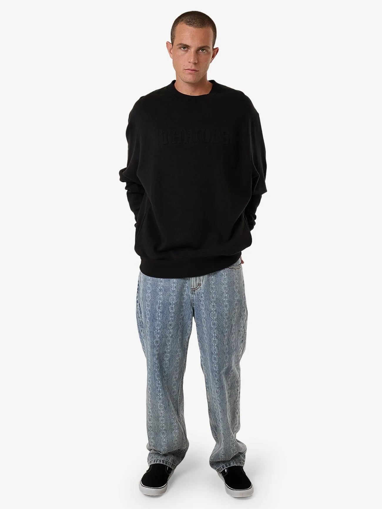 Roosevelt Emboss Oversize Crew Fleece - Black